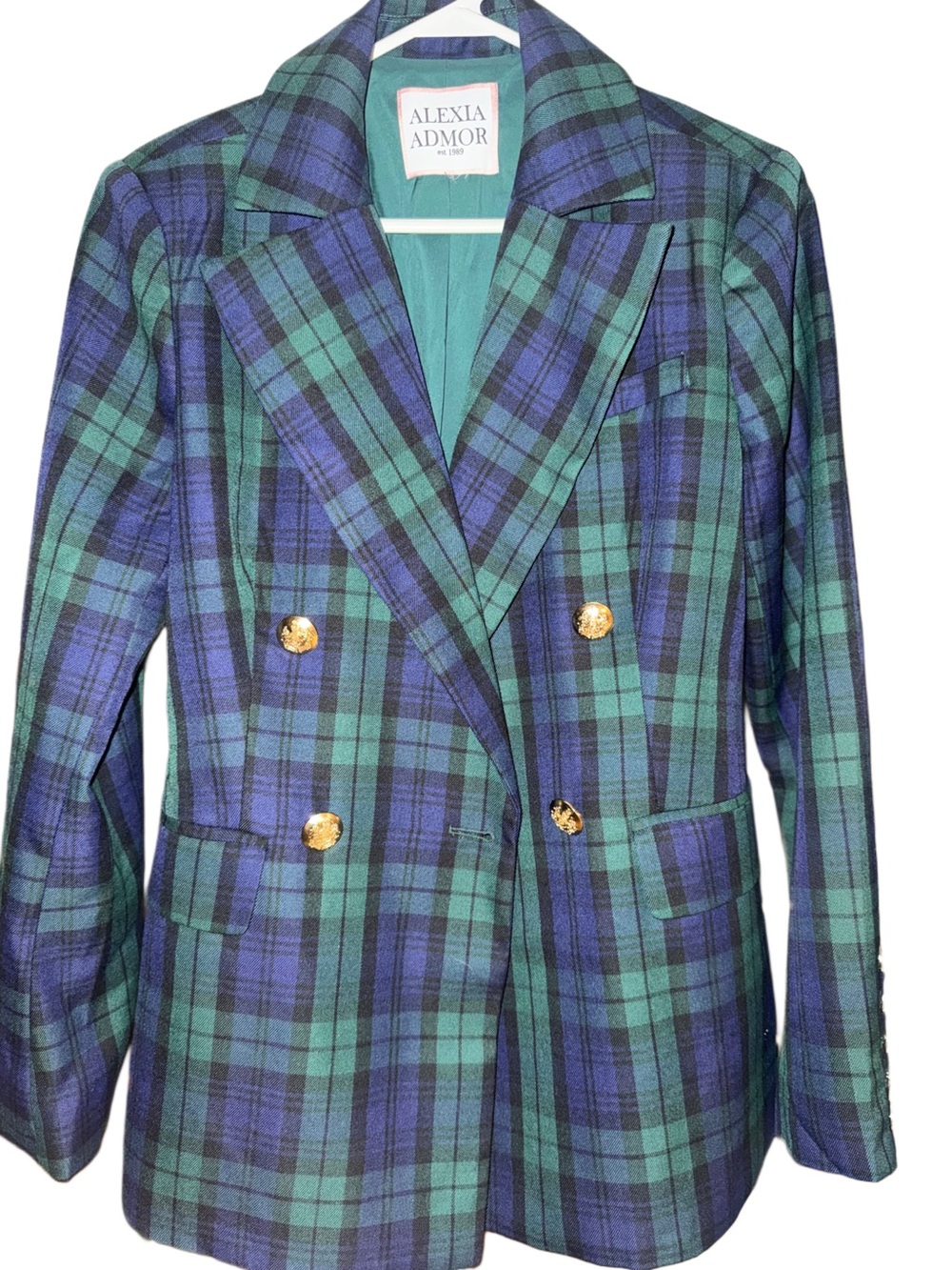 Alexia Admor Blue & Green Plaid Double-Breasted Blazer with Gold Buttons